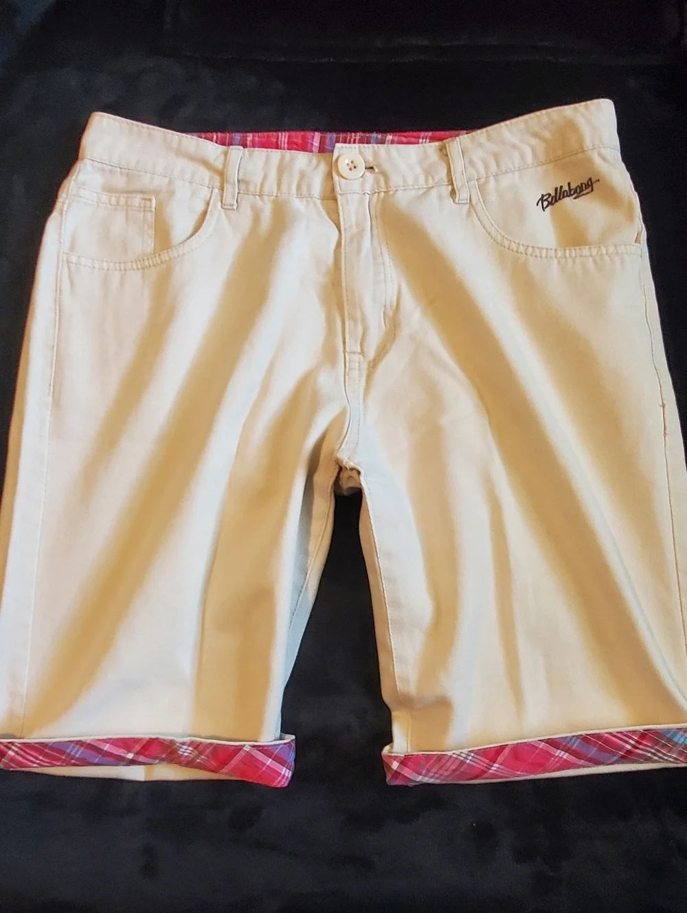 VTG Billabong Cream Denim Highlivin Shorts Y2K Skate Beach Sz 32 Plaid Inside